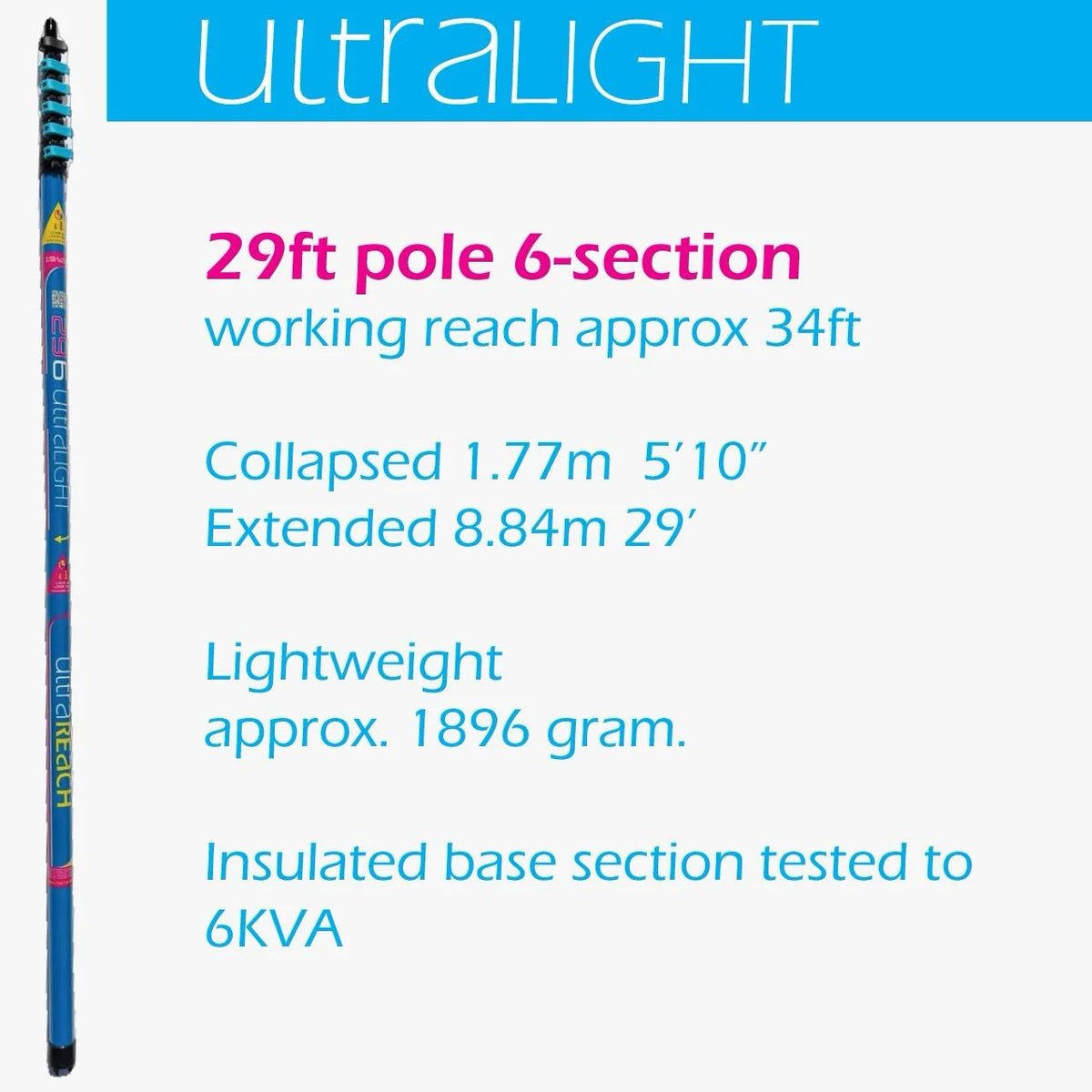Ultra Light S Non-Anti-Spin 6-Section 29ft Window Cleaning Pole