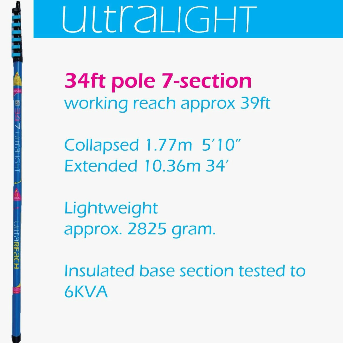 Ultra Light S Non-Anti-Spin 7-Section Compact 34ft Window Cleaning Pole