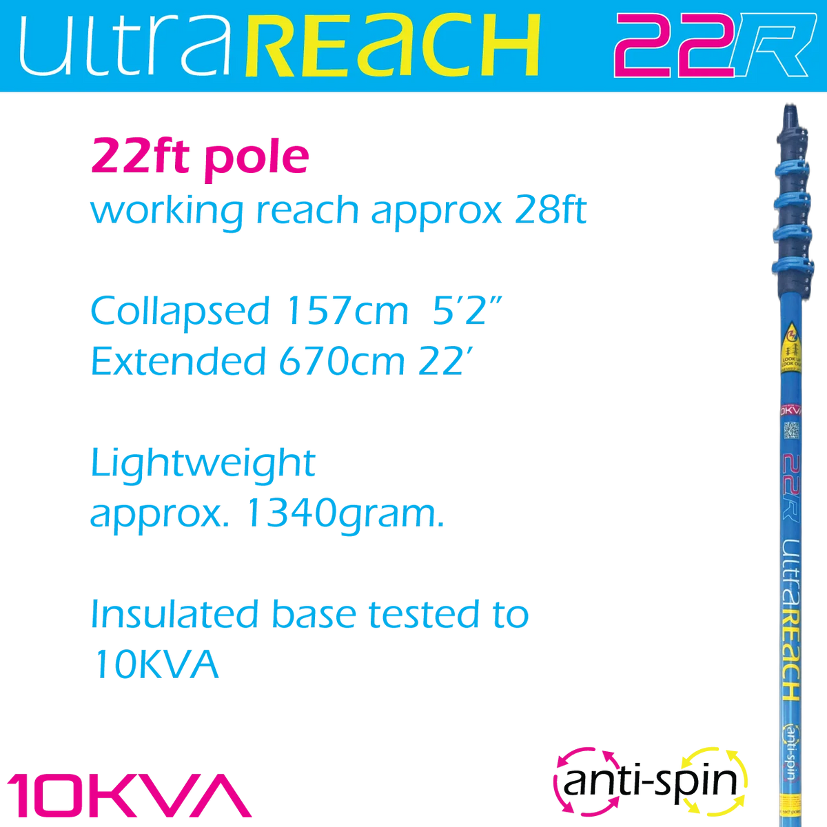UltraSafe-22 2-Sections Insulated Anti-Spin 5-Section 22ft Window Cleaning Pole